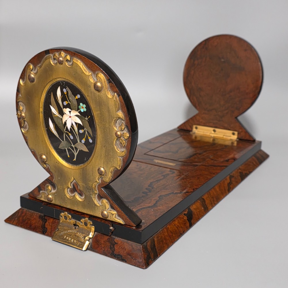 Elegant 19th Century Betjemann’s Walnut Book Slide with Pietra Dura Floral Panels View IX