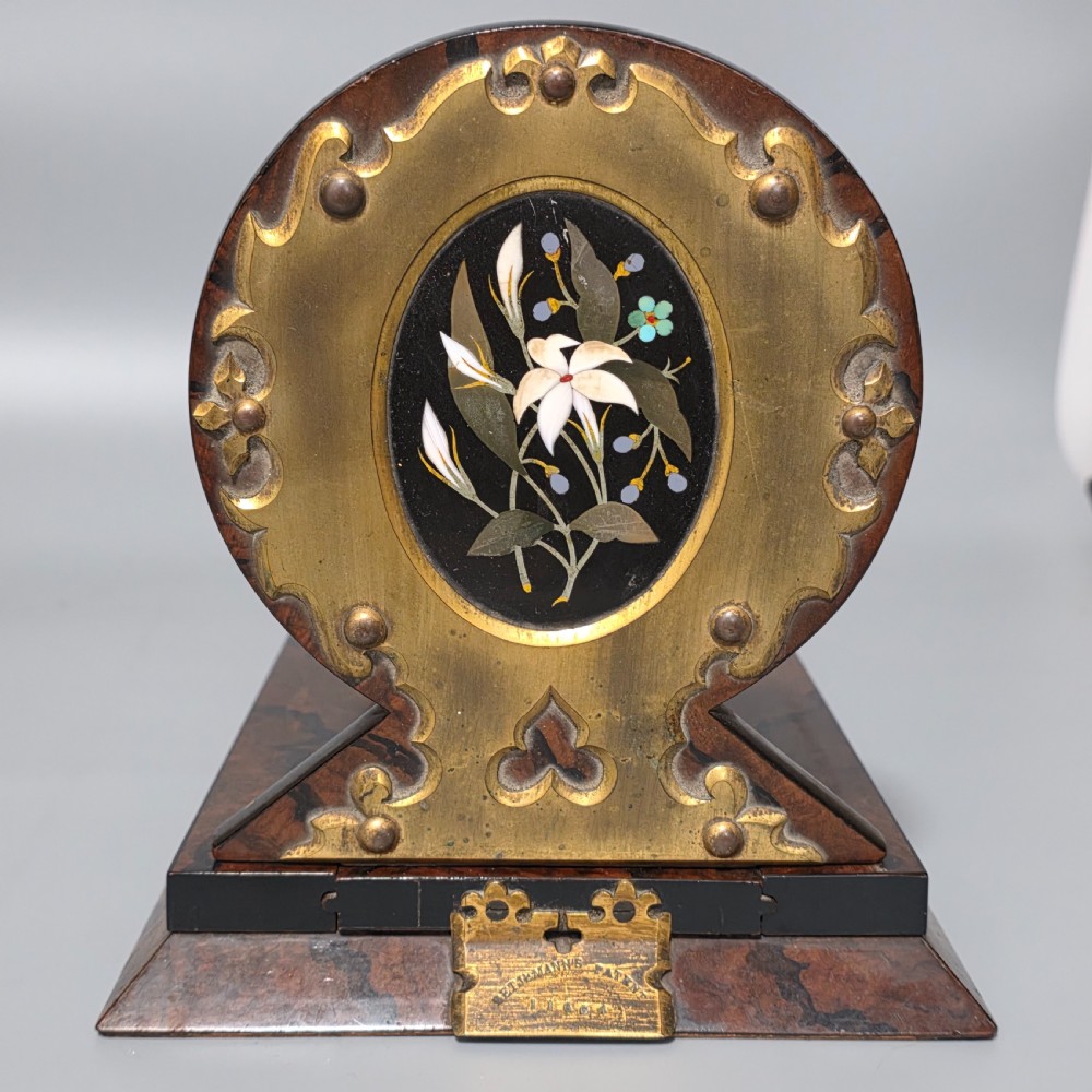 Elegant 19th Century Betjemann’s Walnut Book Slide with Pietra Dura Floral Panels View II