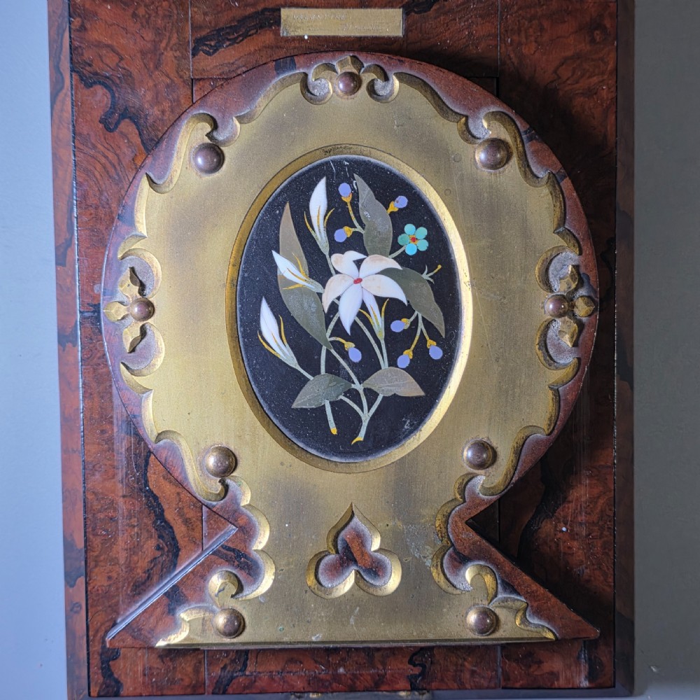 Elegant 19th Century Betjemann’s Walnut Book Slide with Pietra Dura Floral Panels View V