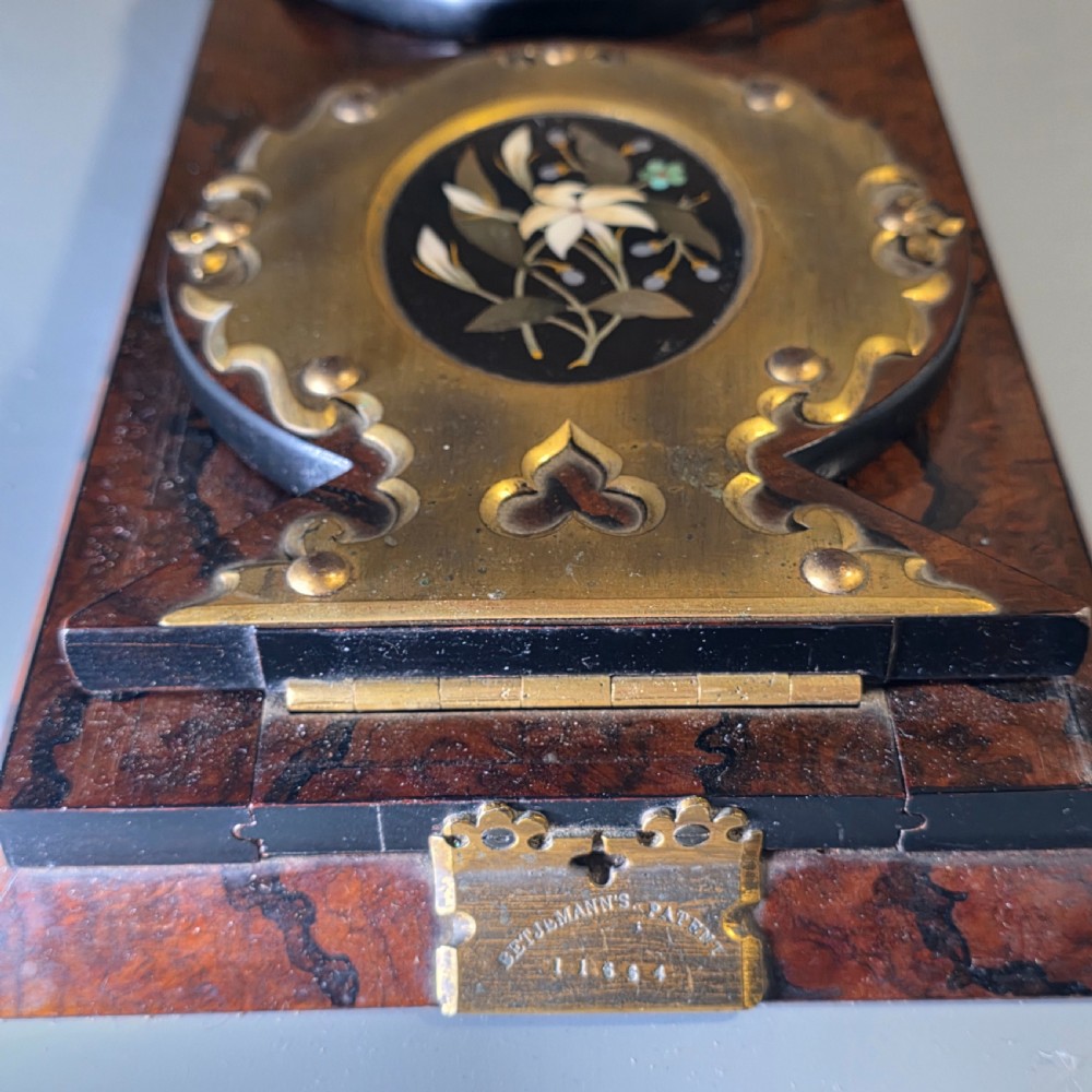 Elegant 19th Century Betjemann’s Walnut Book Slide with Pietra Dura Floral Panels View VI