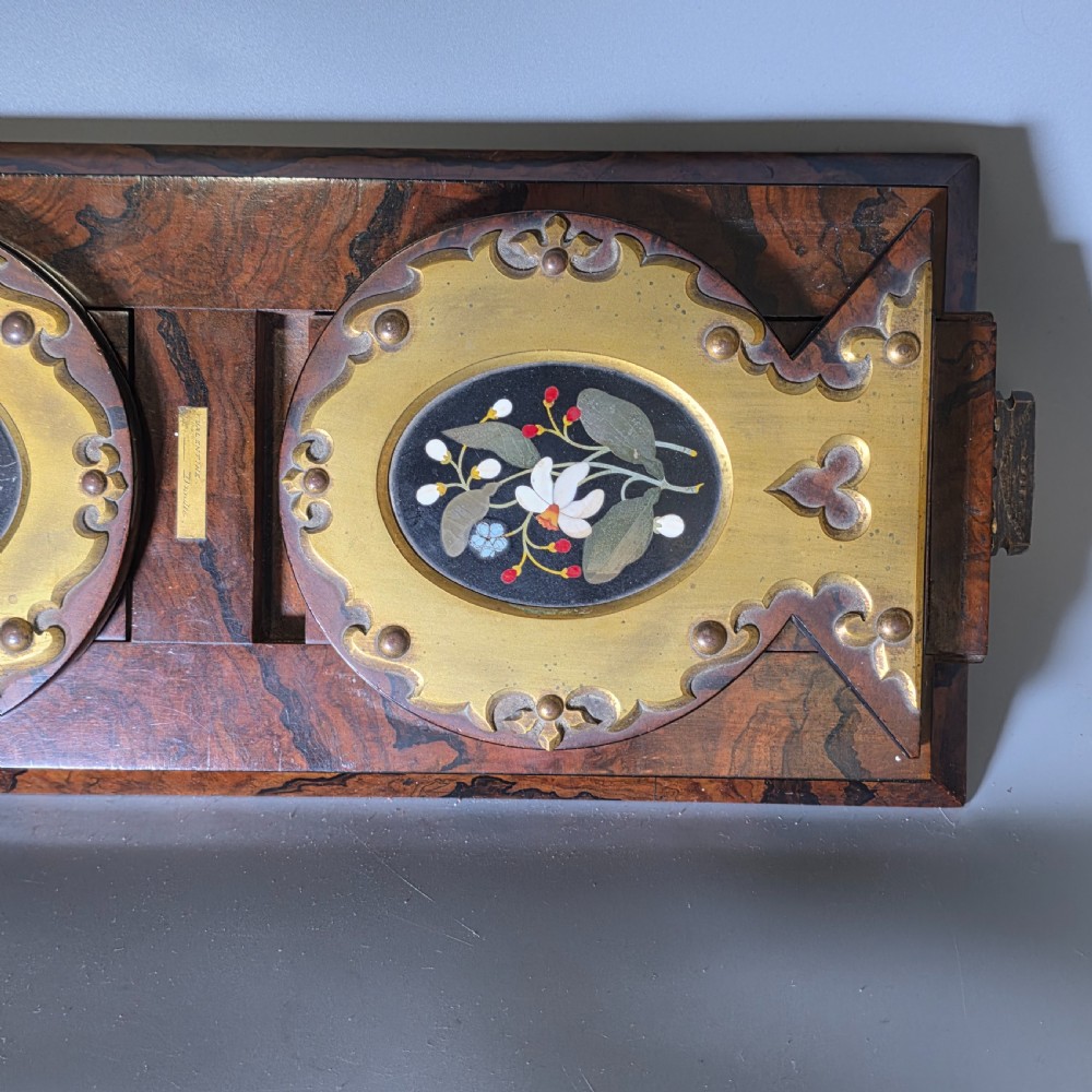 Elegant 19th Century Betjemann’s Walnut Book Slide with Pietra Dura Floral Panels View VIII