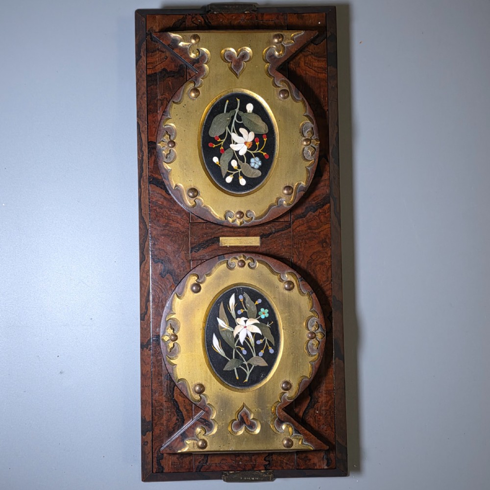 Elegant 19th Century Betjemann’s Walnut Book Slide with Pietra Dura Floral Panels