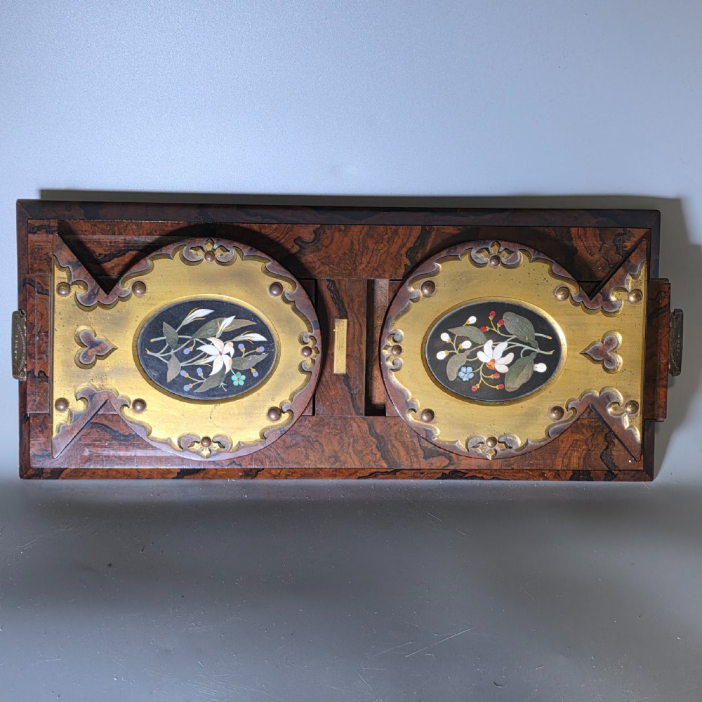 Elegant 19th Century Betjemann’s Walnut Book Slide with Pietra Dura Floral Panels View XIII