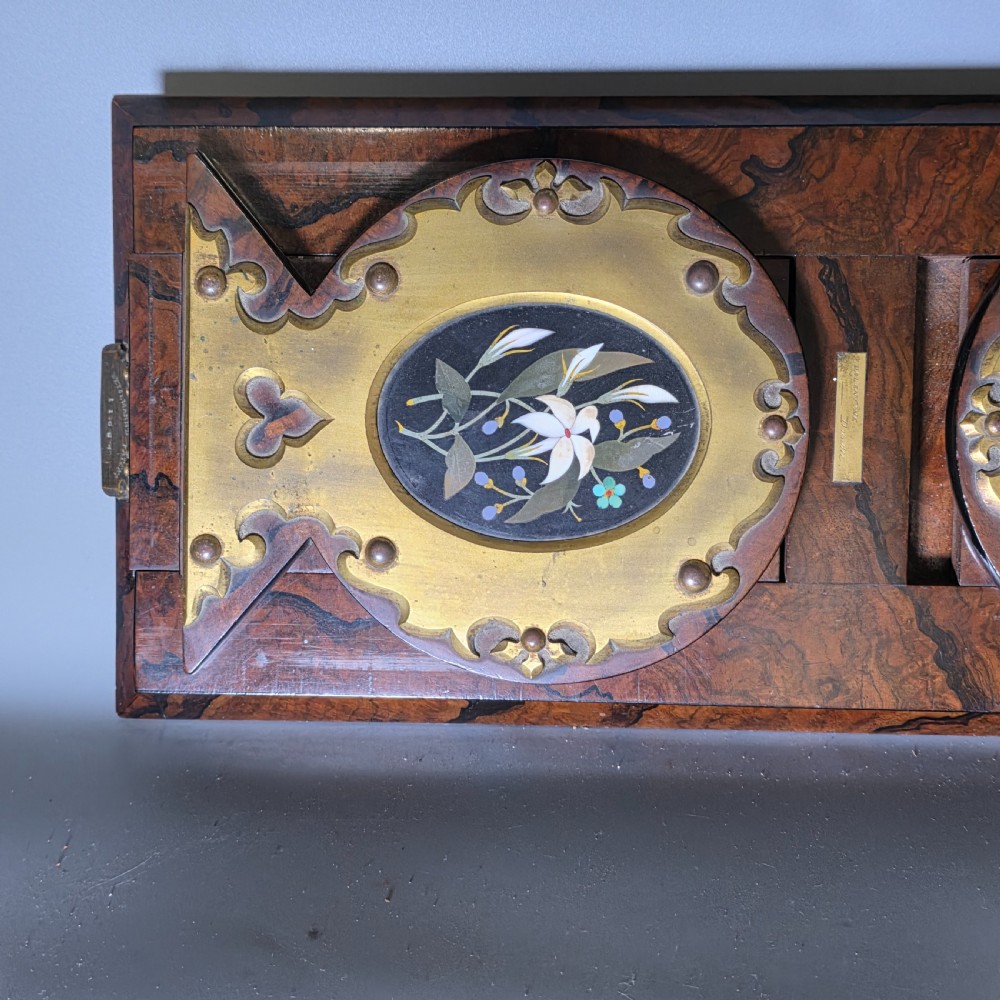 Elegant 19th Century Betjemann’s Walnut Book Slide with Pietra Dura Floral Panels View XIV