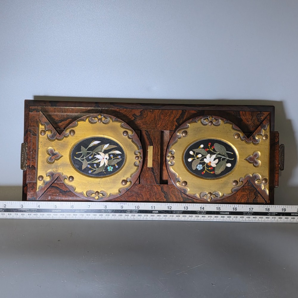Elegant 19th Century Betjemann’s Walnut Book Slide with Pietra Dura Floral Panels View XV