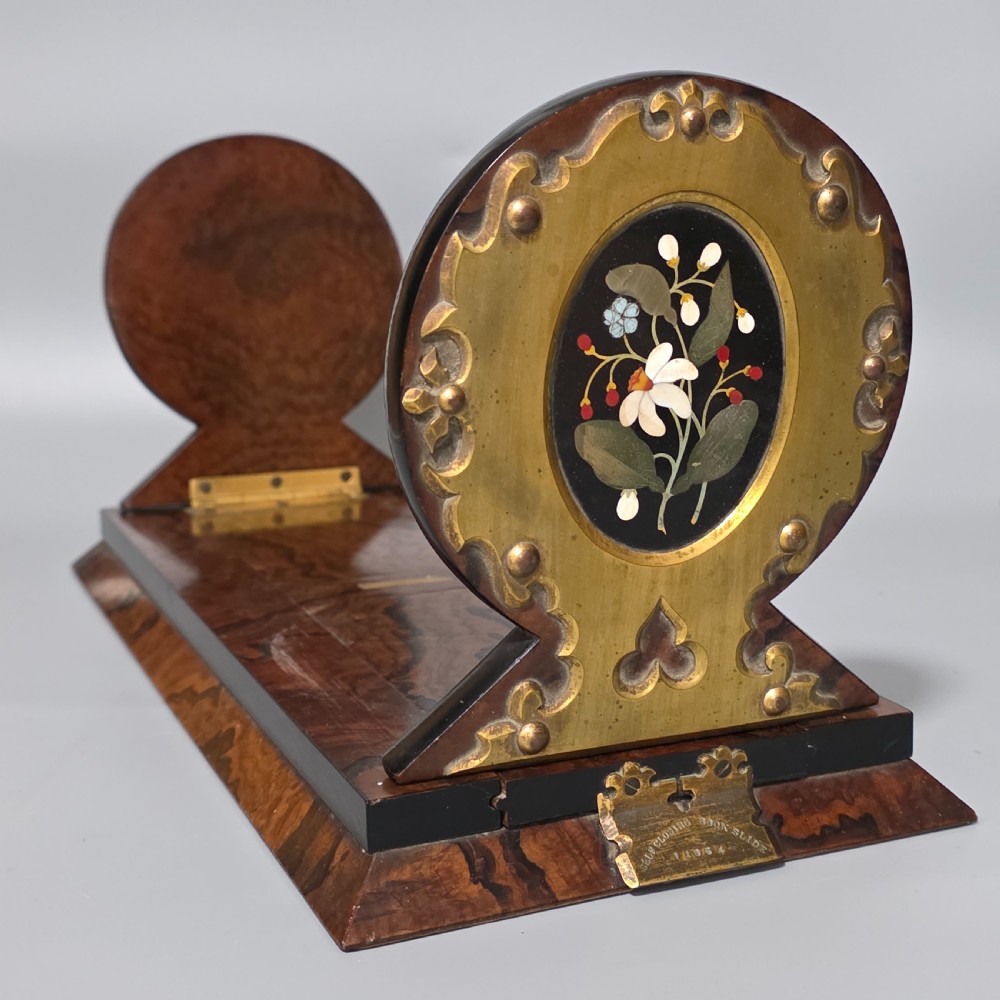 Elegant 19th Century Betjemann’s Walnut Book Slide with Pietra Dura Floral Panels View XVI