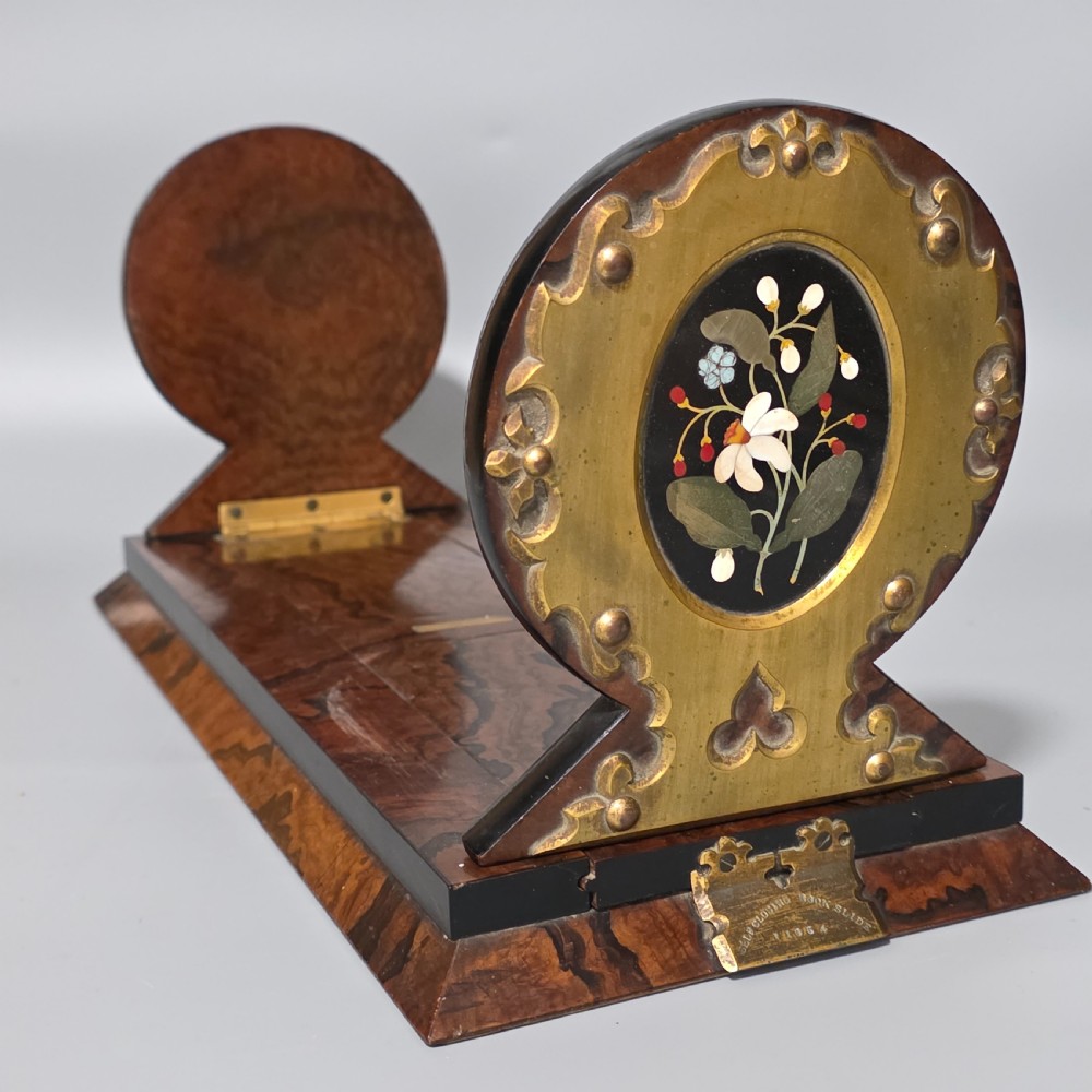 Elegant 19th Century Betjemann’s Walnut Book Slide with Pietra Dura Floral Panels View XVII