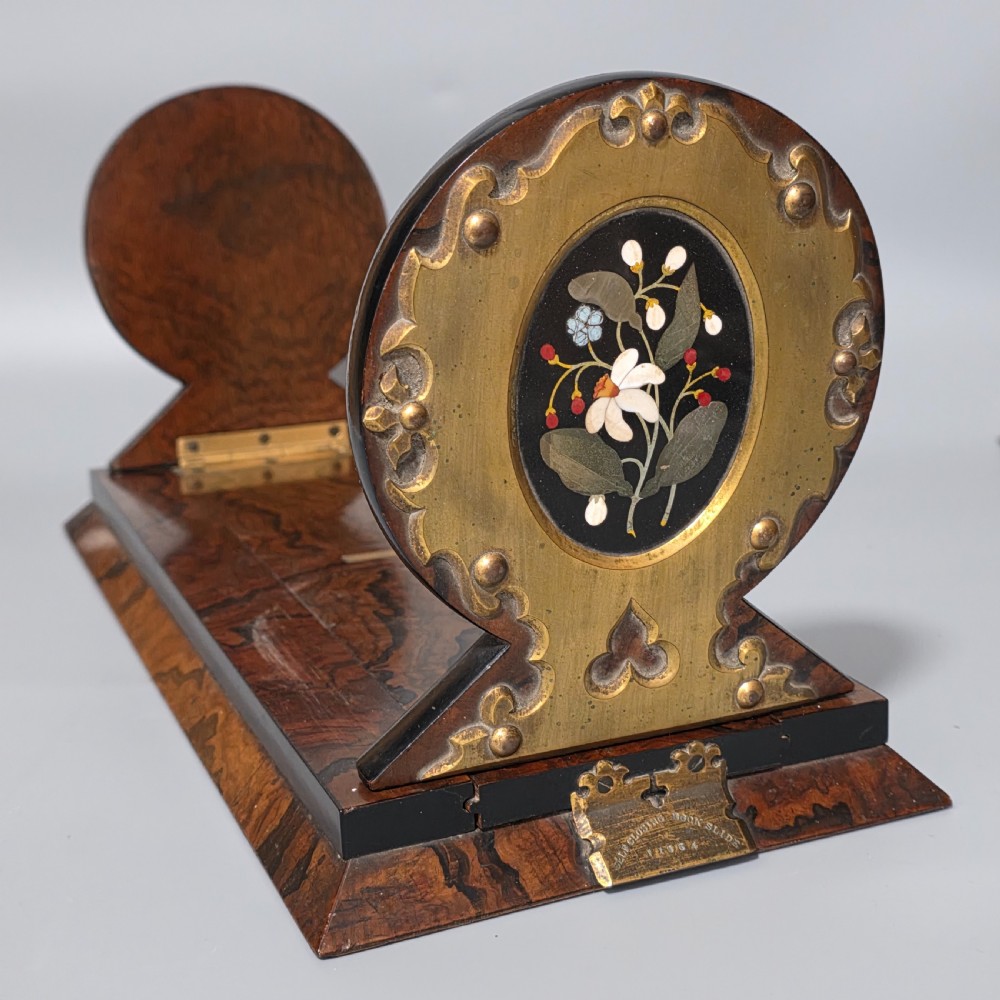 Elegant 19th Century Betjemann’s Walnut Book Slide with Pietra Dura Floral Panels View XVIII