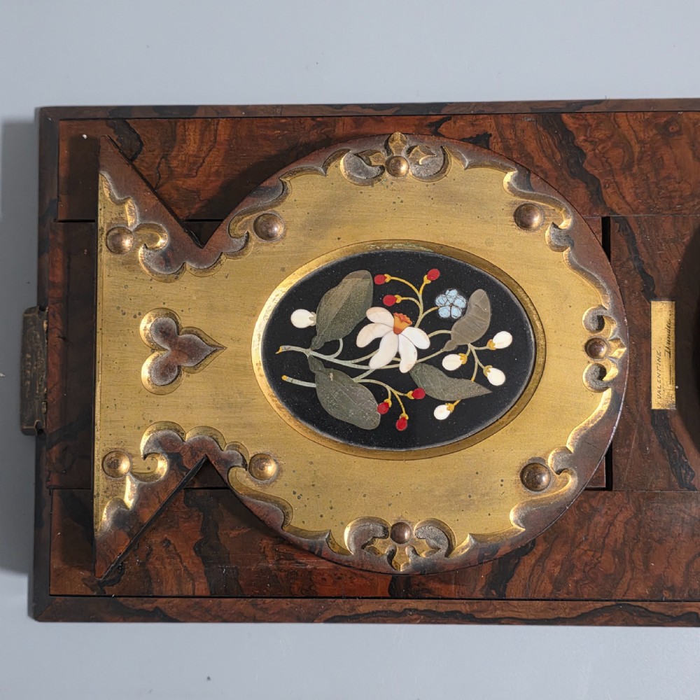 Elegant 19th Century Betjemann’s Walnut Book Slide with Pietra Dura Floral Panels View XXIV