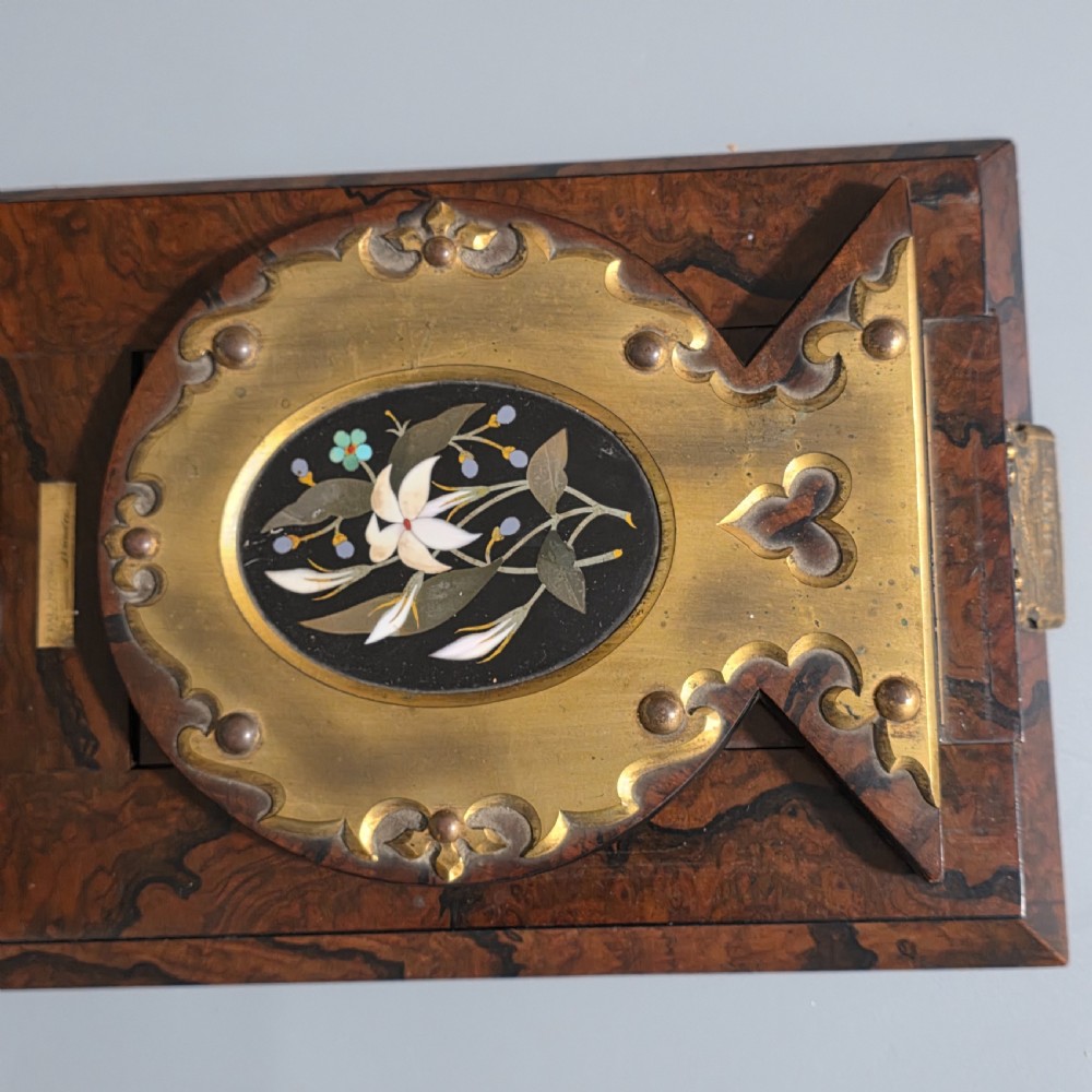 Elegant 19th Century Betjemann’s Walnut Book Slide with Pietra Dura Floral Panels View XXV