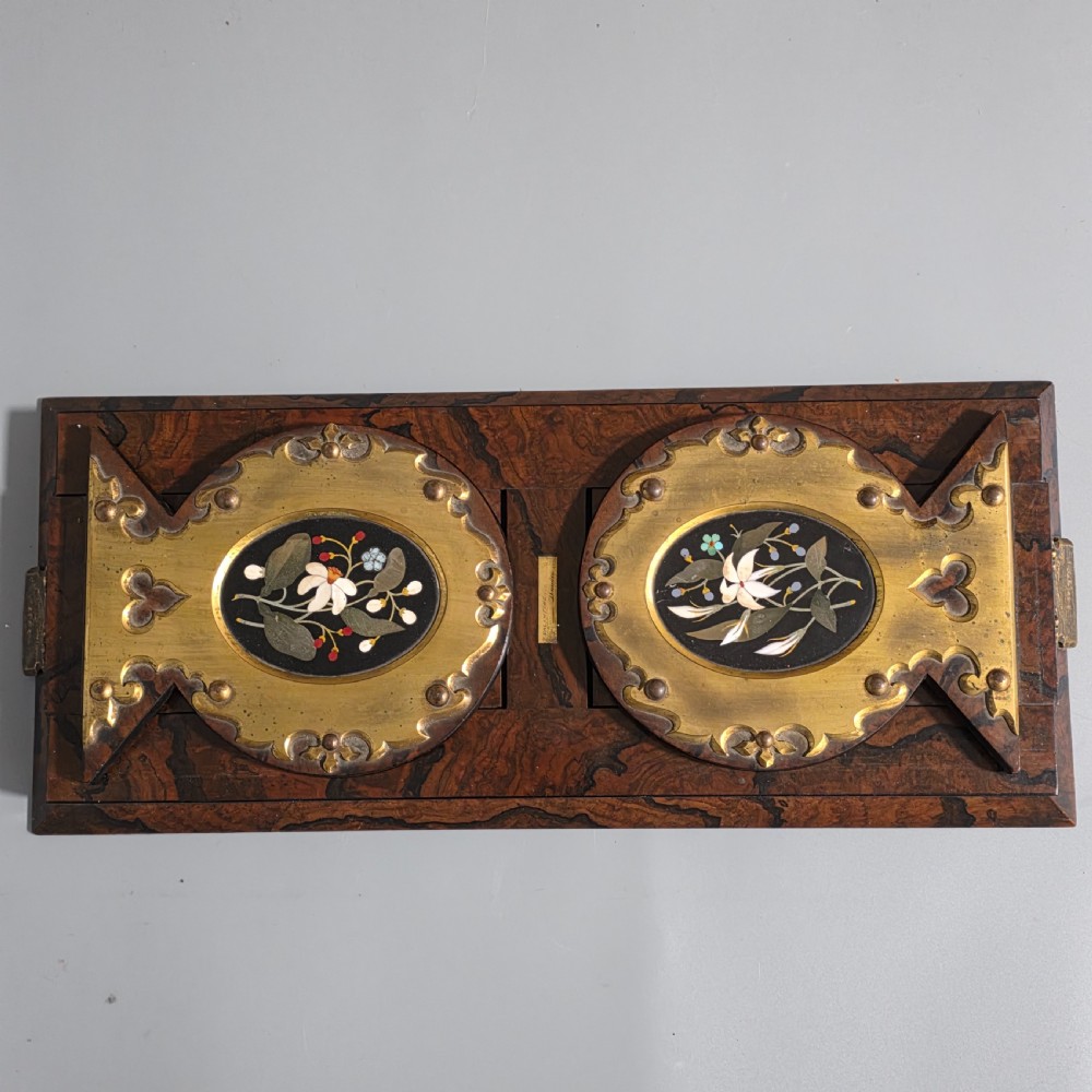Elegant 19th Century Betjemann’s Walnut Book Slide with Pietra Dura Floral Panels View XXIX