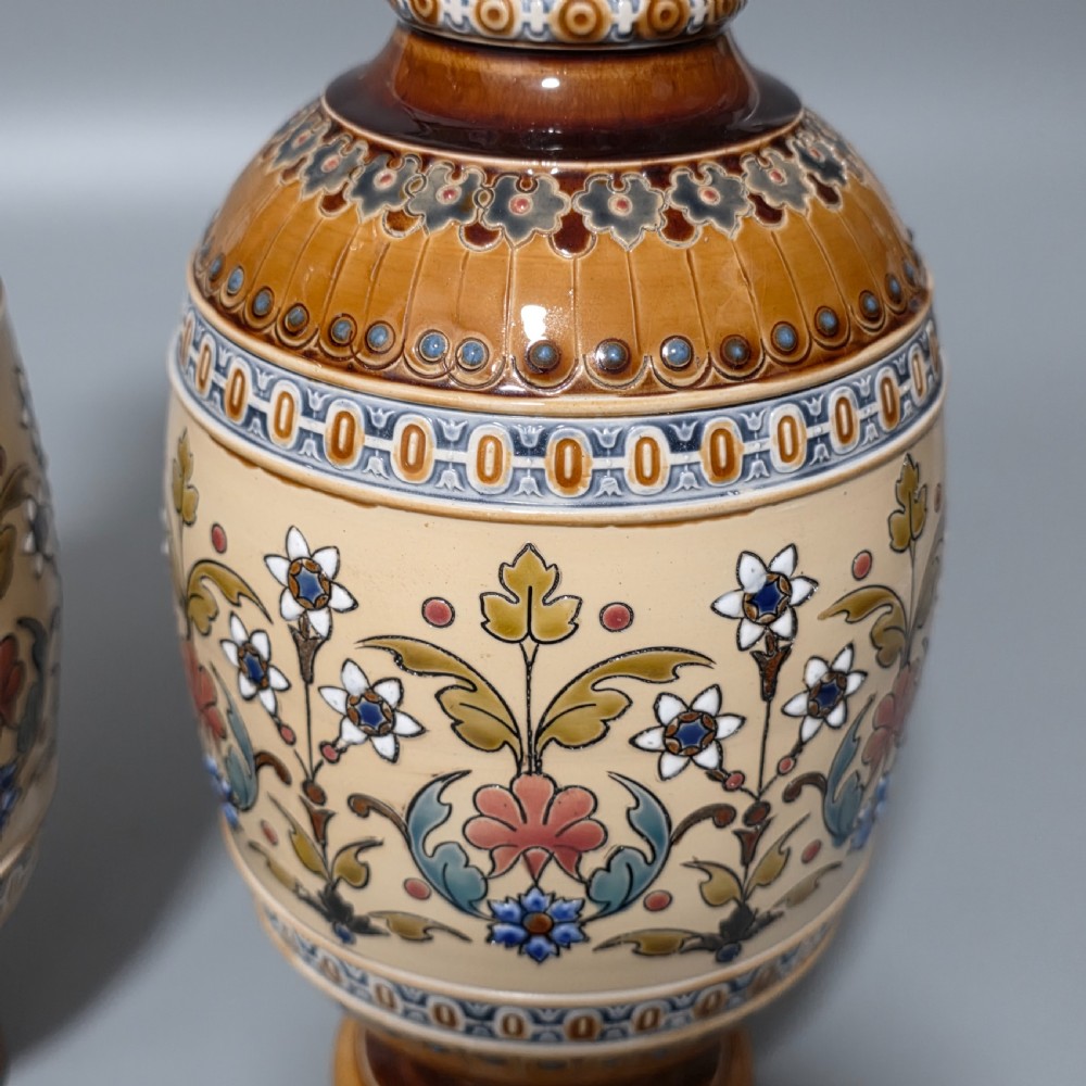 Pair of Late 19th Century German Mettlach Pottery Vases c.1890 View VI