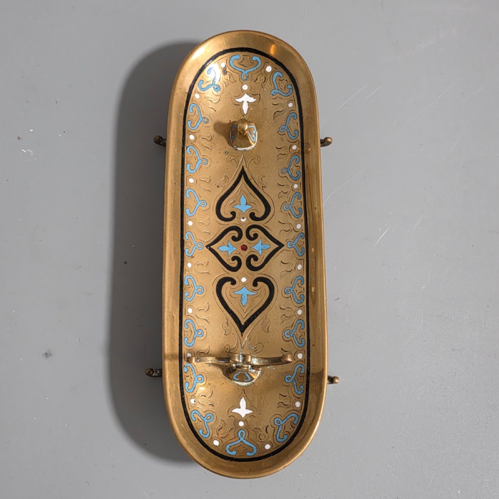 Very Attractive Antique French Champlevé Enamel and Desk Brass Pen Tray  