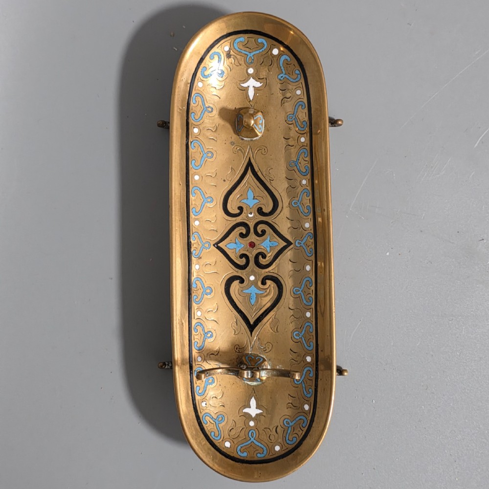 Very Attractive Antique French Champlevé Enamel and Desk Brass Pen Tray   View II