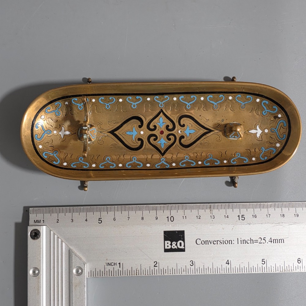 Very Attractive Antique French Champlevé Enamel and Desk Brass Pen Tray   View III