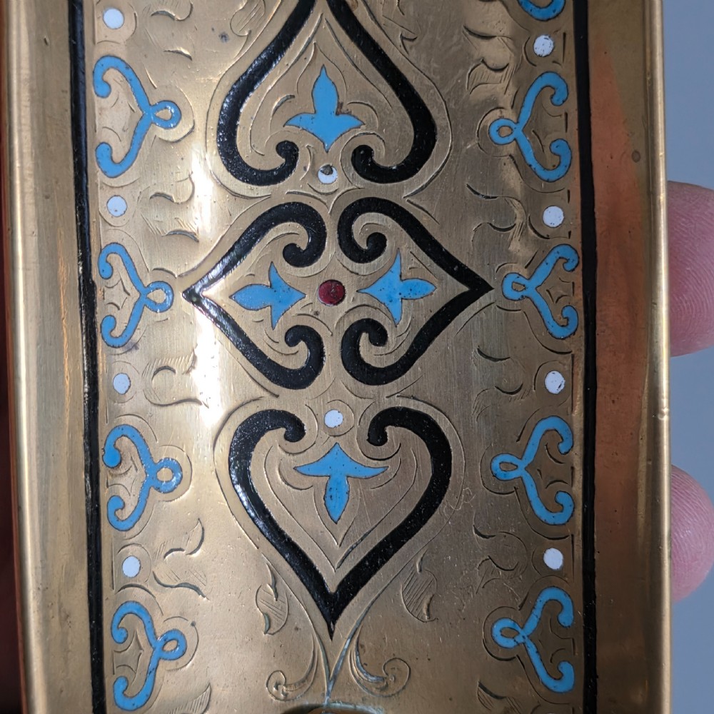 Very Attractive Antique French Champlevé Enamel and Desk Brass Pen Tray   View V