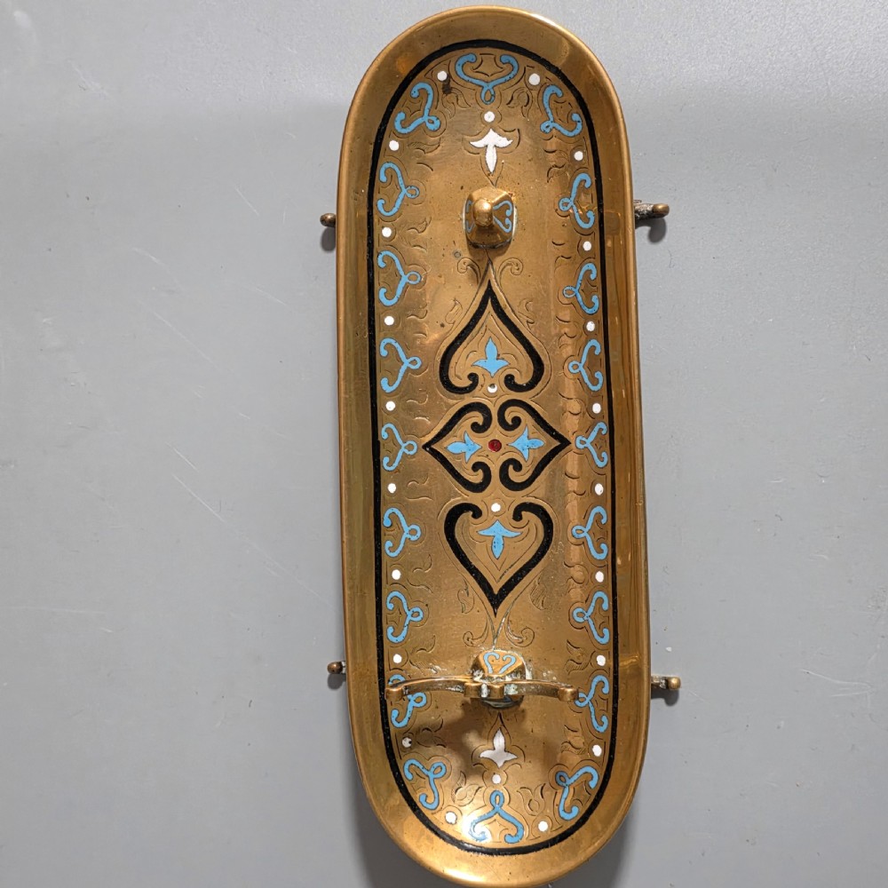 Very Attractive Antique French Champlevé Enamel and Desk Brass Pen Tray   View VII