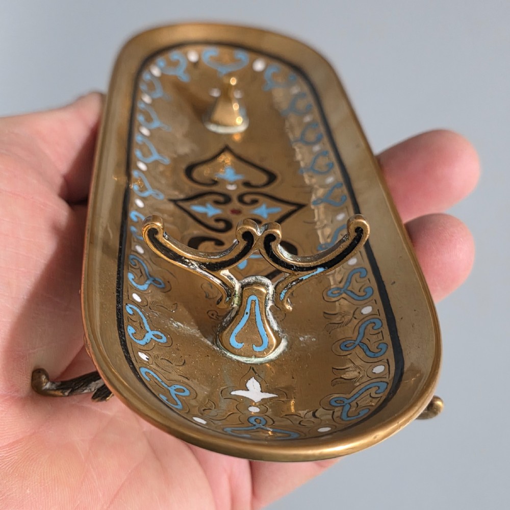 Very Attractive Antique French Champlevé Enamel and Desk Brass Pen Tray   View VIII