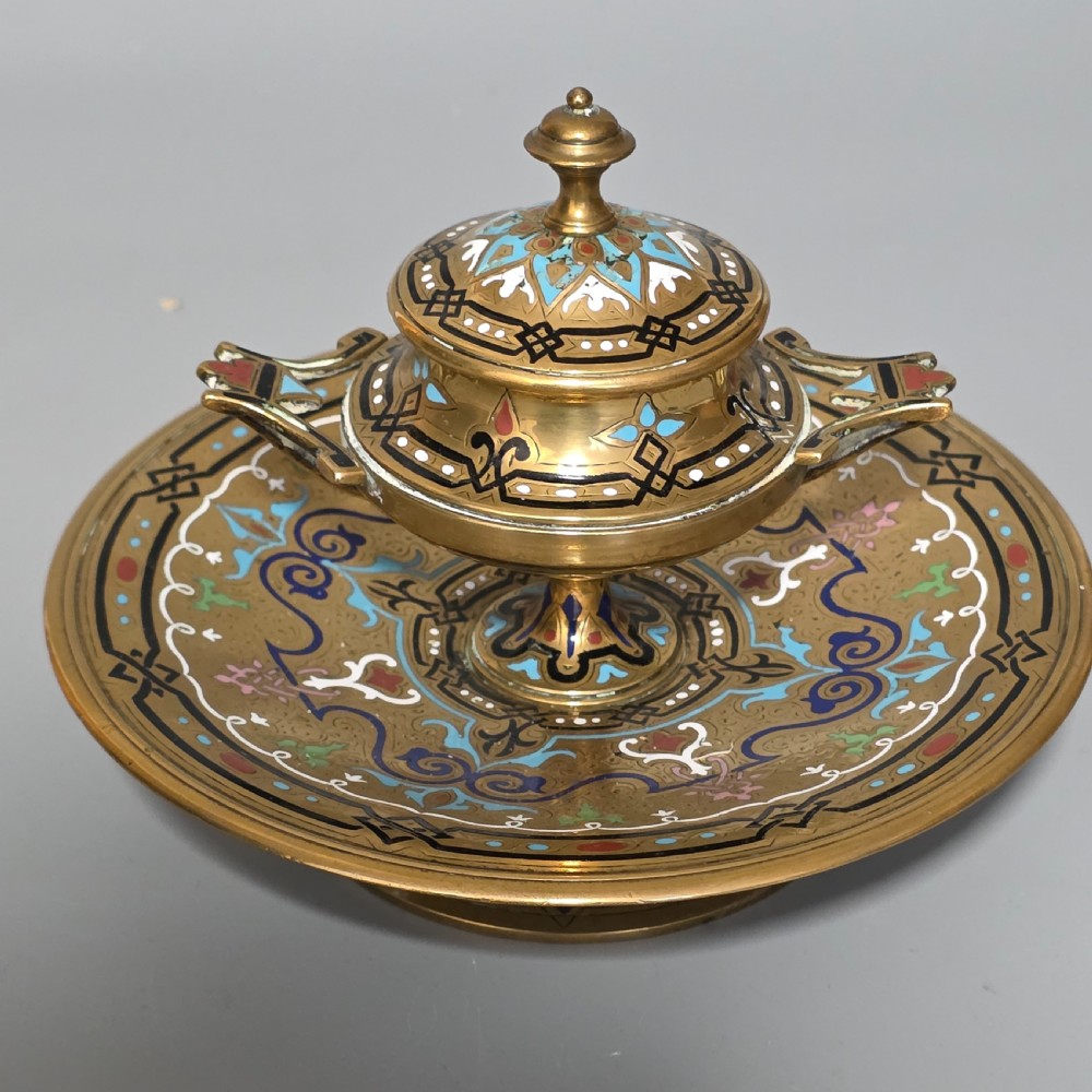 Fine, Handmade, French Gilt Brass And Champleve Enamel Antique Footed Encrier Or Inkwell 