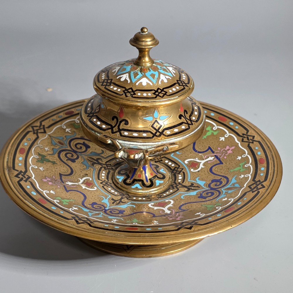 Fine, Handmade, French Gilt Brass And Champleve Enamel Antique Footed Encrier Or Inkwell  View II