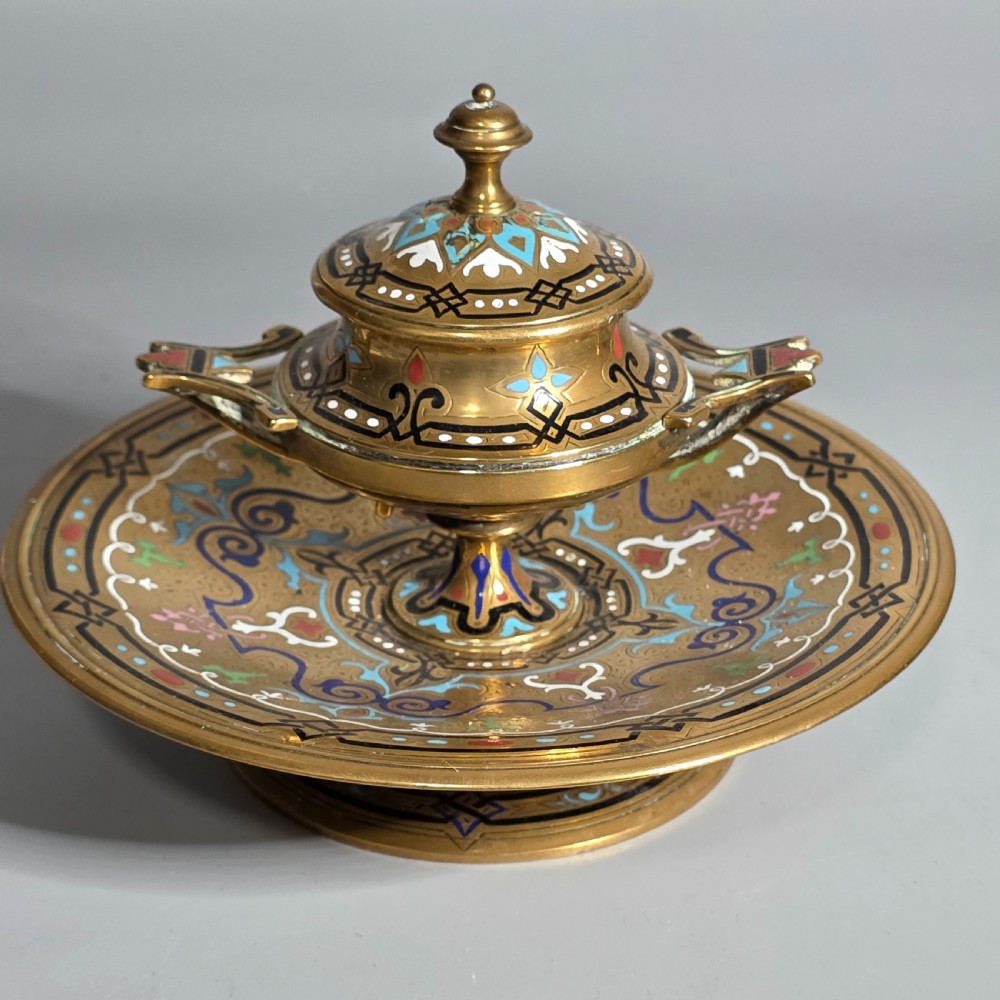 Fine, Handmade, French Gilt Brass And Champleve Enamel Antique Footed Encrier Or Inkwell  View III