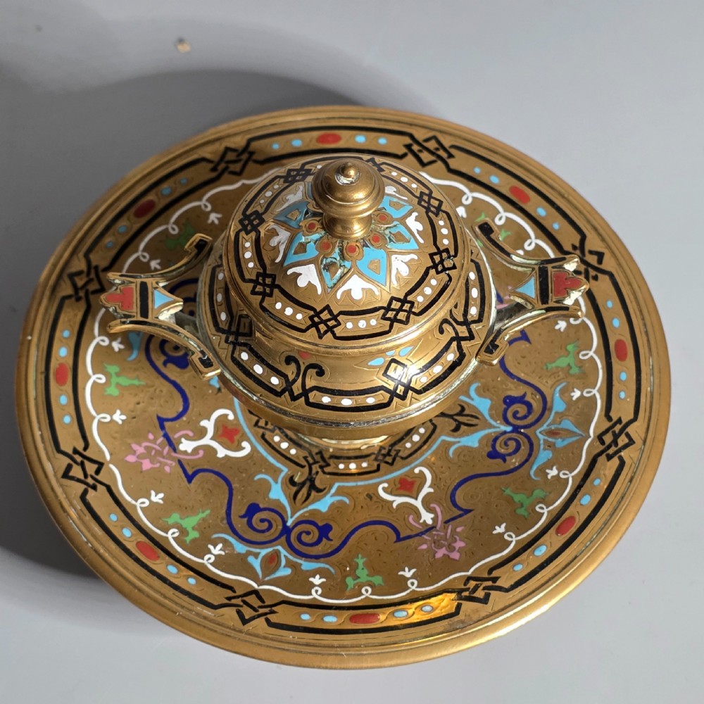 Fine, Handmade, French Gilt Brass And Champleve Enamel Antique Footed Encrier Or Inkwell  View IV
