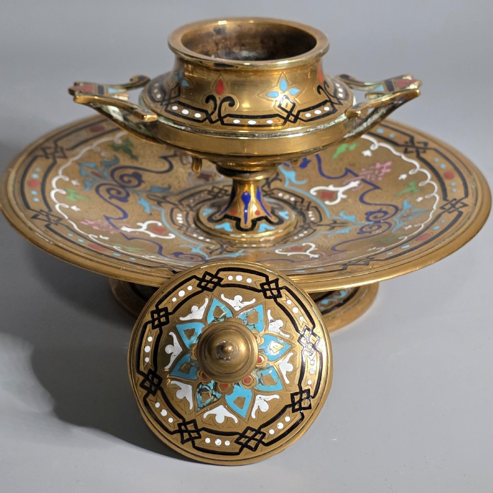 Fine, Handmade, French Gilt Brass And Champleve Enamel Antique Footed Encrier Or Inkwell  View V