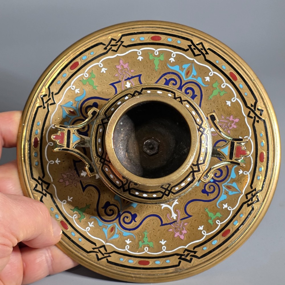 Fine, Handmade, French Gilt Brass And Champleve Enamel Antique Footed Encrier Or Inkwell  View VI