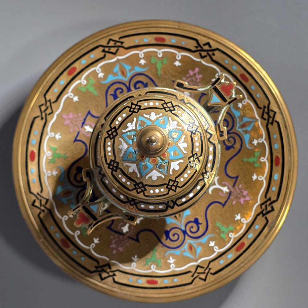 Fine, Handmade, French Gilt Brass And Champleve Enamel Antique Footed Encrier Or Inkwell  View IX