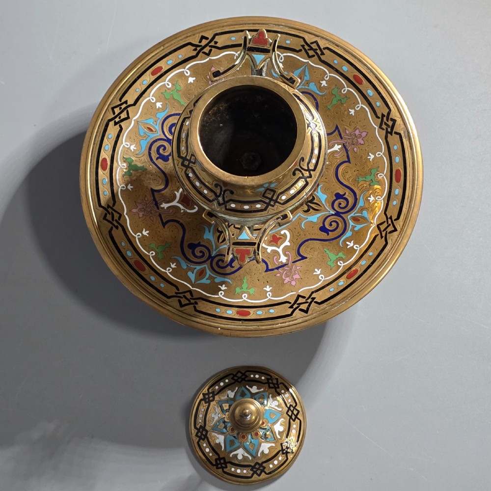 Fine, Handmade, French Gilt Brass And Champleve Enamel Antique Footed Encrier Or Inkwell  View X