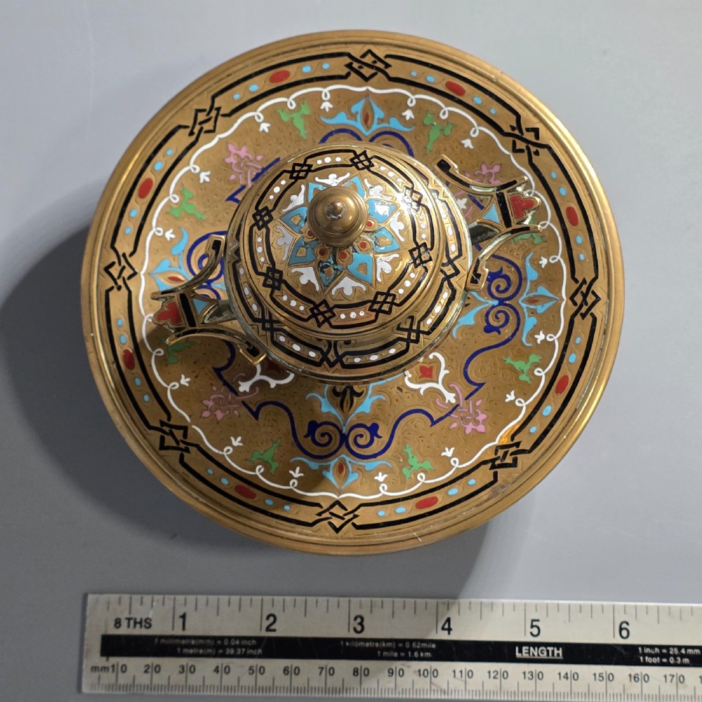Fine, Handmade, French Gilt Brass And Champleve Enamel Antique Footed Encrier Or Inkwell  View XI