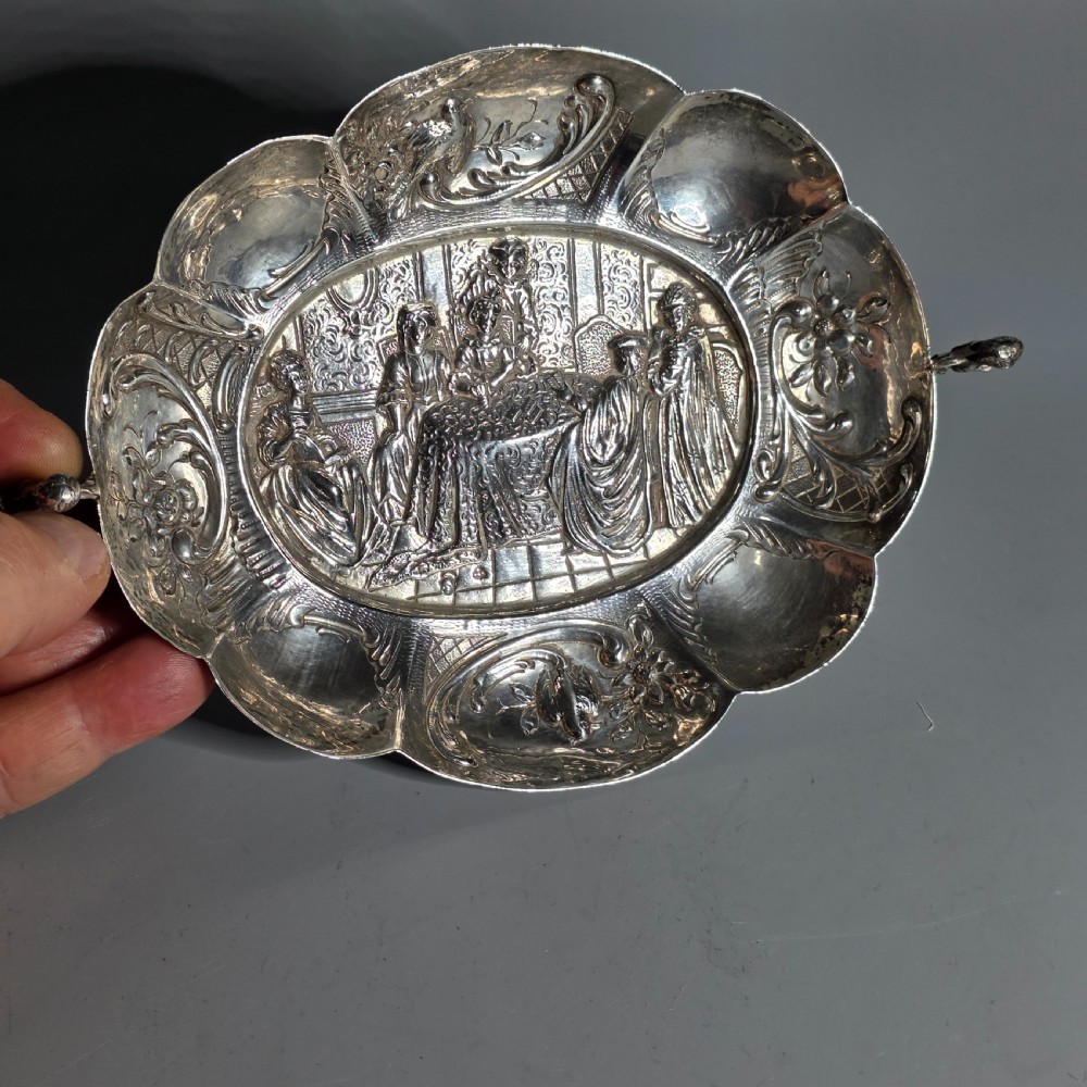 Elegant 19thc Hanau Silver Lobed, Twin Handled Dish View X