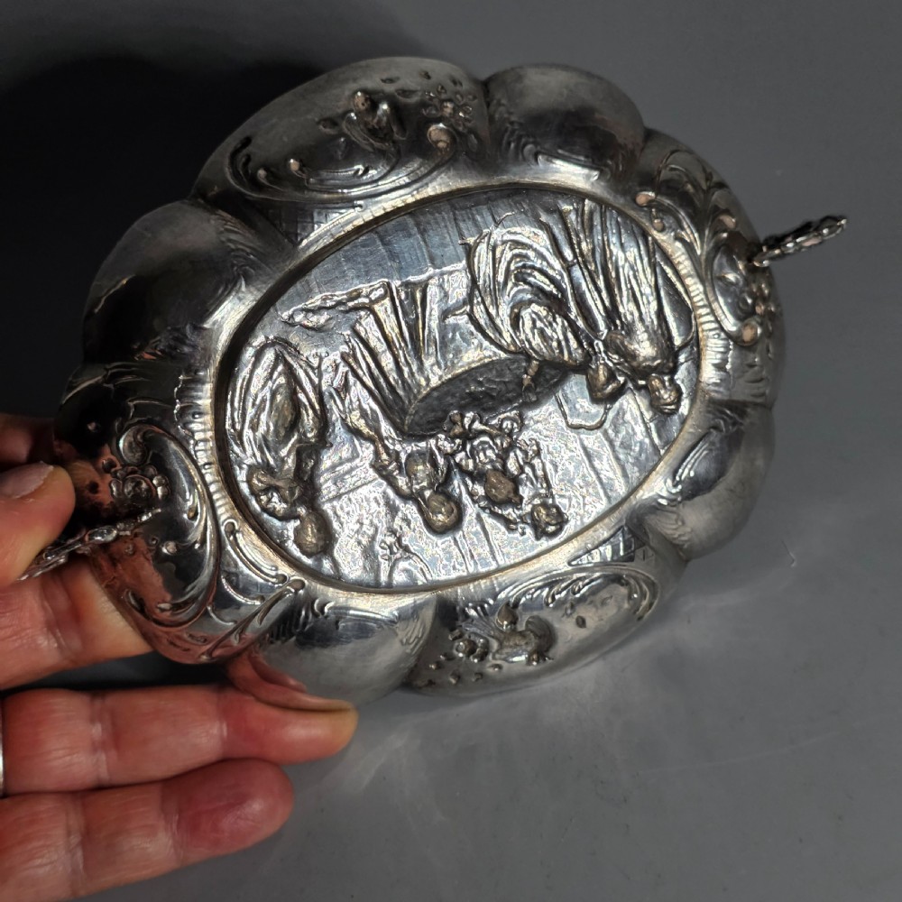 Elegant 19thc Hanau Silver Lobed, Twin Handled Dish View XII