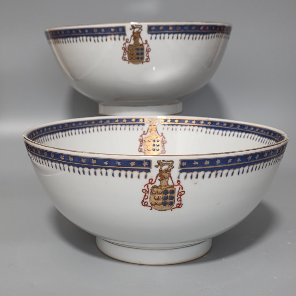 Pair of Antique 18th Century Chinese Armorial Punch Bowls – Hand-Painted Floral Decoration, 25.5 cm diameter