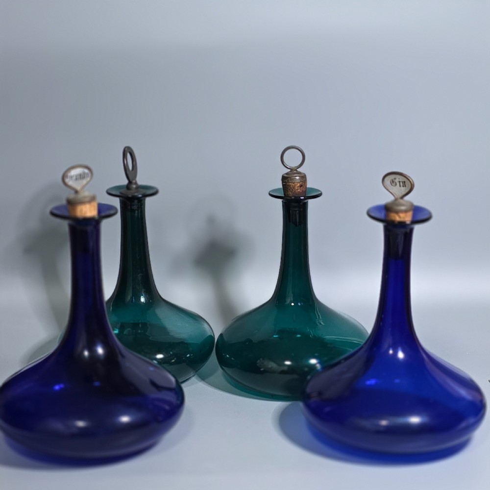 Group of 4 x Bristol Blue & Green Mell Decanters c1830