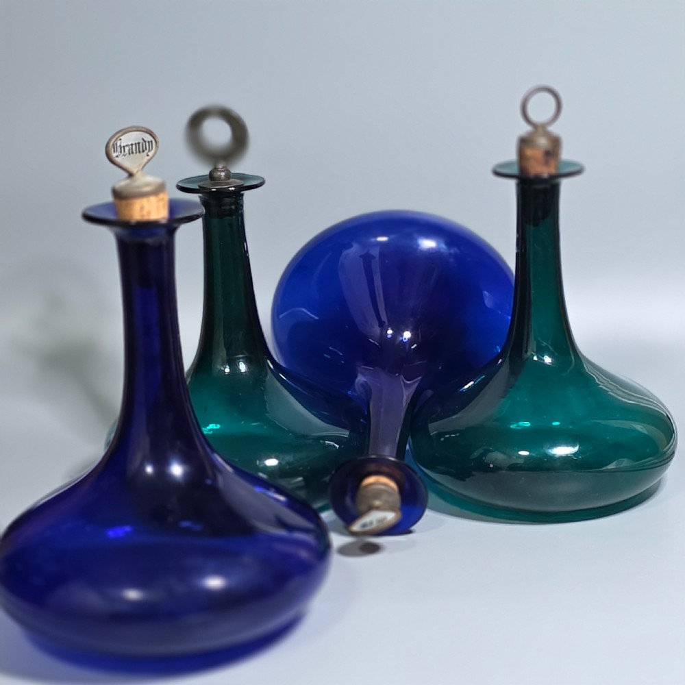 Group of 4 x Bristol Blue & Green Mell Decanters c1830 View XV
