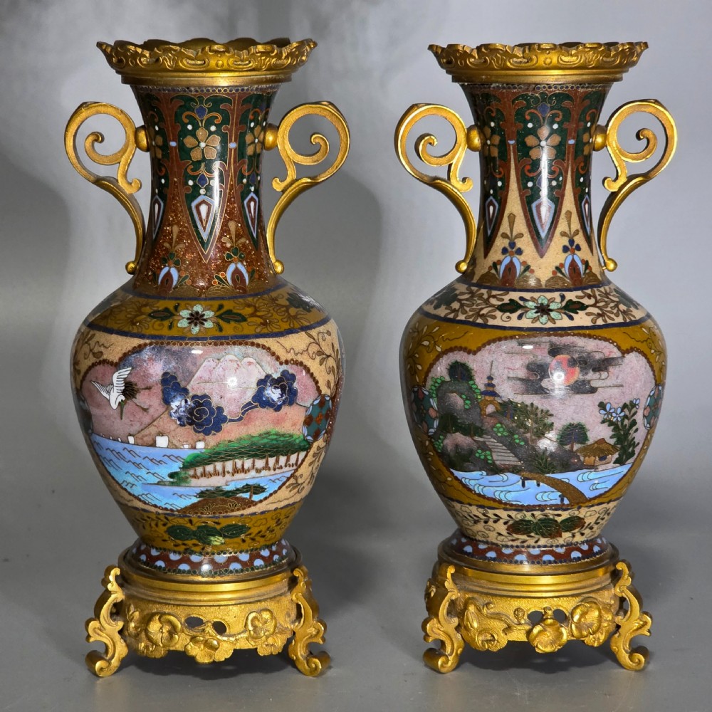 Attractive Late 19thc pair of Cloisonne Vases with Metal Mounts & Handles c1890