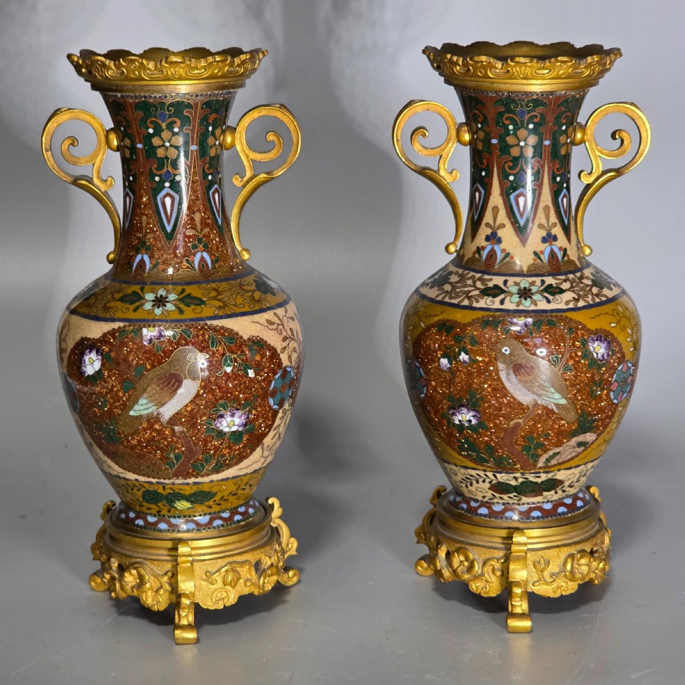 Attractive Late 19thc pair of Cloisonne Vases with Metal Mounts & Handles c1890 View II