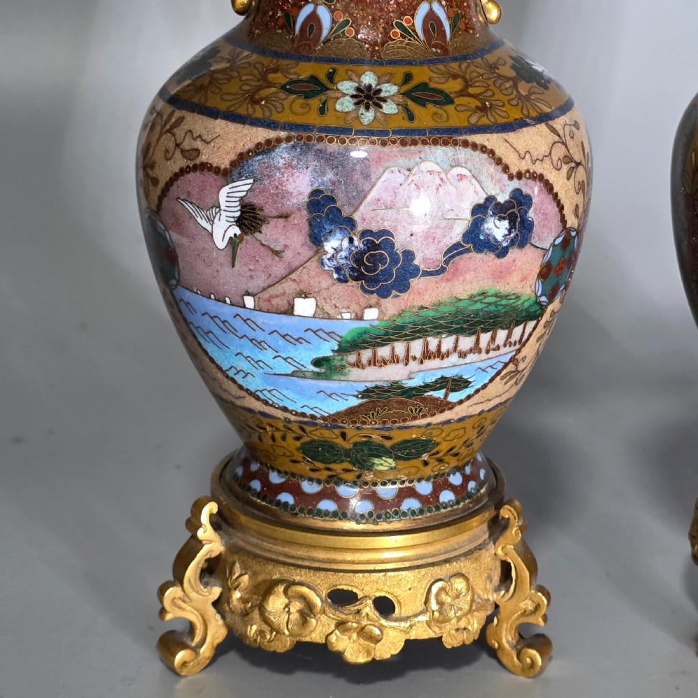 Attractive Late 19thc pair of Cloisonne Vases with Metal Mounts & Handles c1890 View III