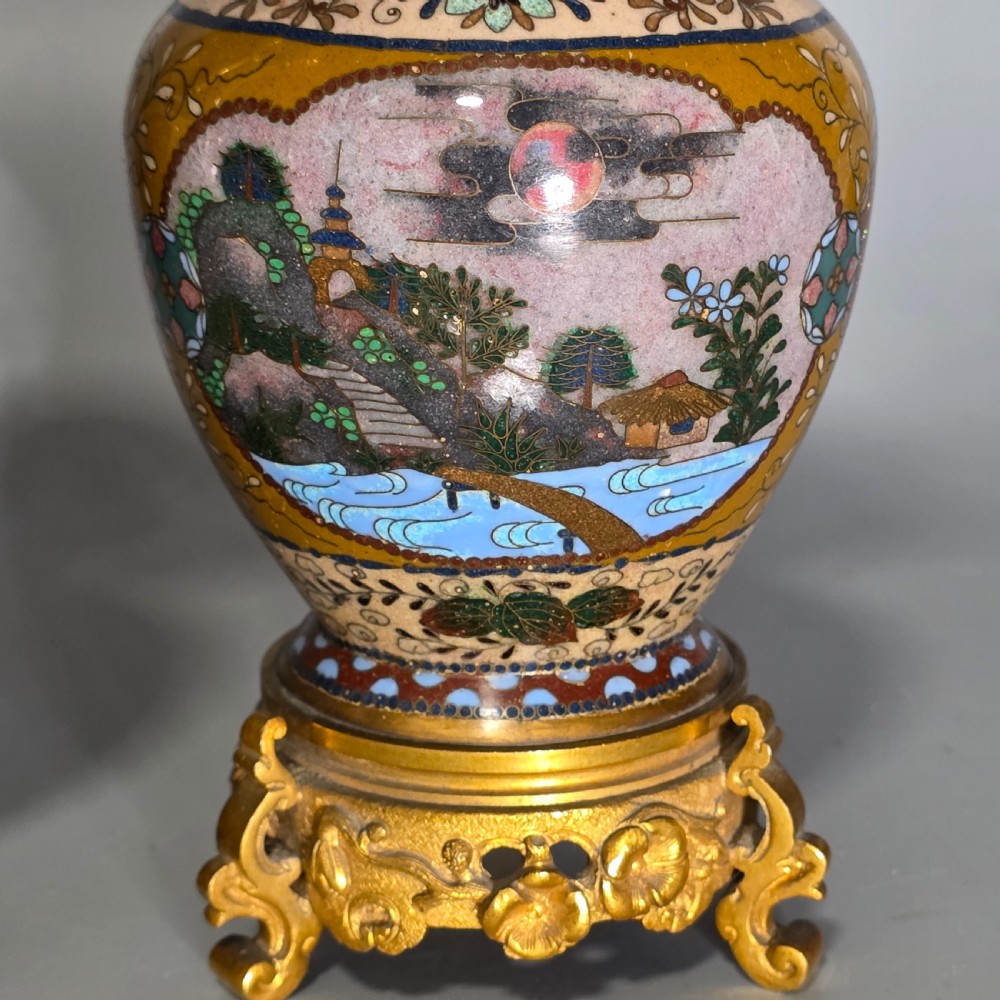 Attractive Late 19thc pair of Cloisonne Vases with Metal Mounts & Handles c1890 View V