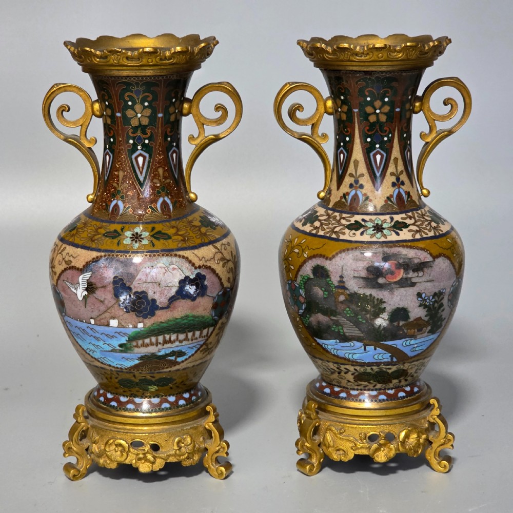 Attractive Late 19thc pair of Cloisonne Vases with Metal Mounts & Handles c1890 View VI