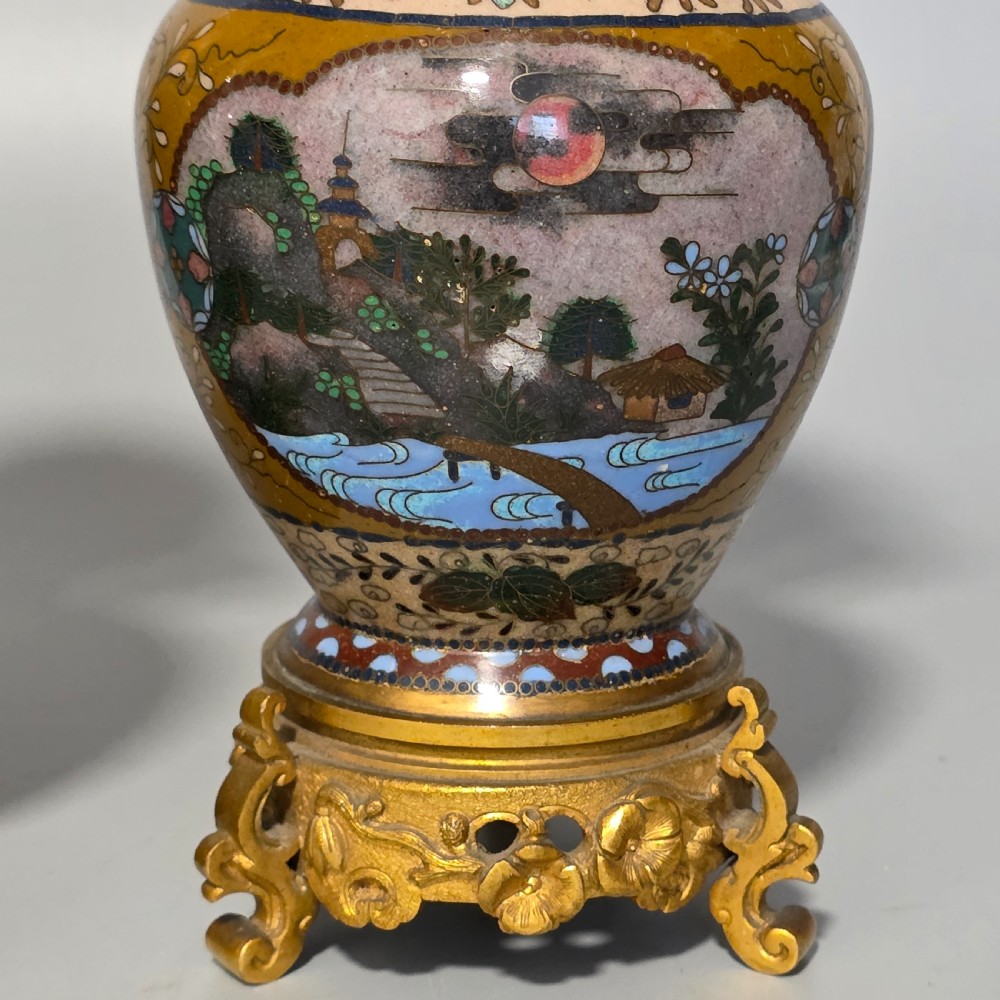 Attractive Late 19thc pair of Cloisonne Vases with Metal Mounts & Handles c1890 View VIII