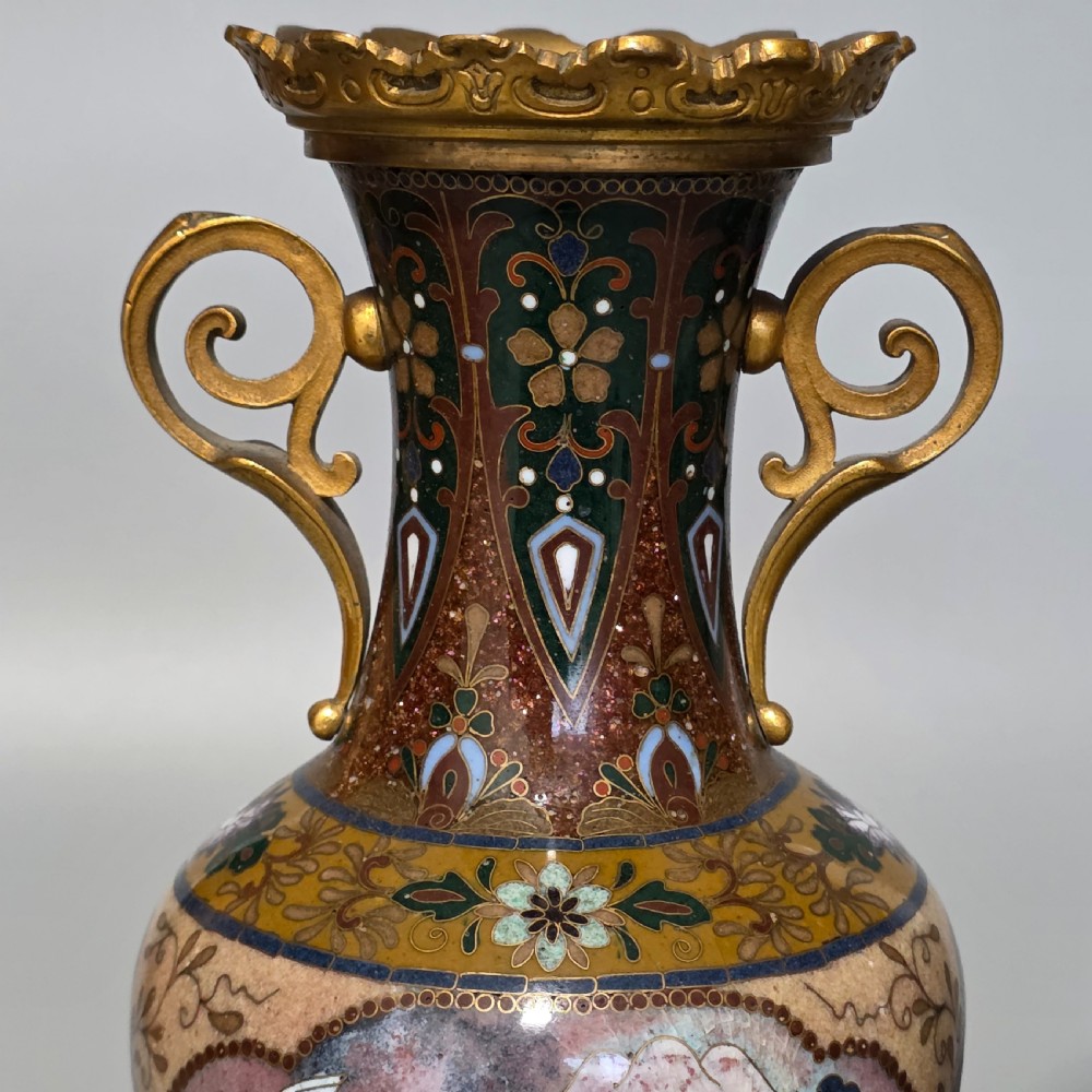 Attractive Late 19thc pair of Cloisonne Vases with Metal Mounts & Handles c1890 View IX