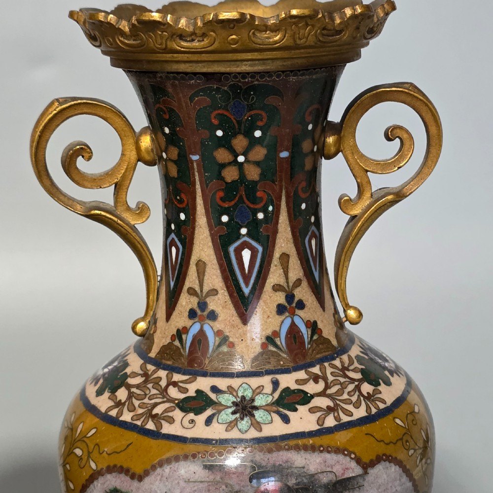Attractive Late 19thc pair of Cloisonne Vases with Metal Mounts & Handles c1890 View X