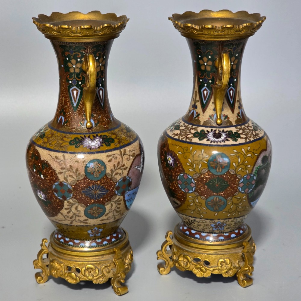 Attractive Late 19thc pair of Cloisonne Vases with Metal Mounts & Handles c1890 View XIII