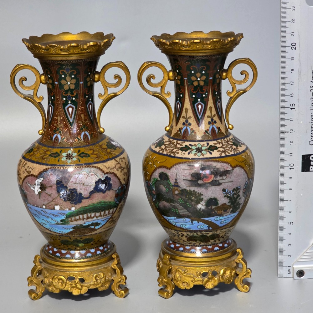 Attractive Late 19thc pair of Cloisonne Vases with Metal Mounts & Handles c1890 View XV