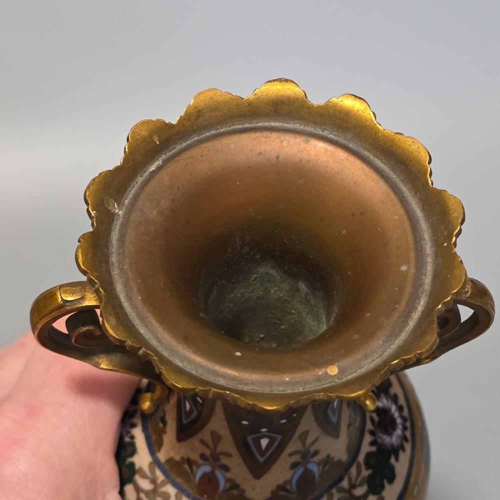 Attractive Late 19thc pair of Cloisonne Vases with Metal Mounts & Handles c1890 View XIX