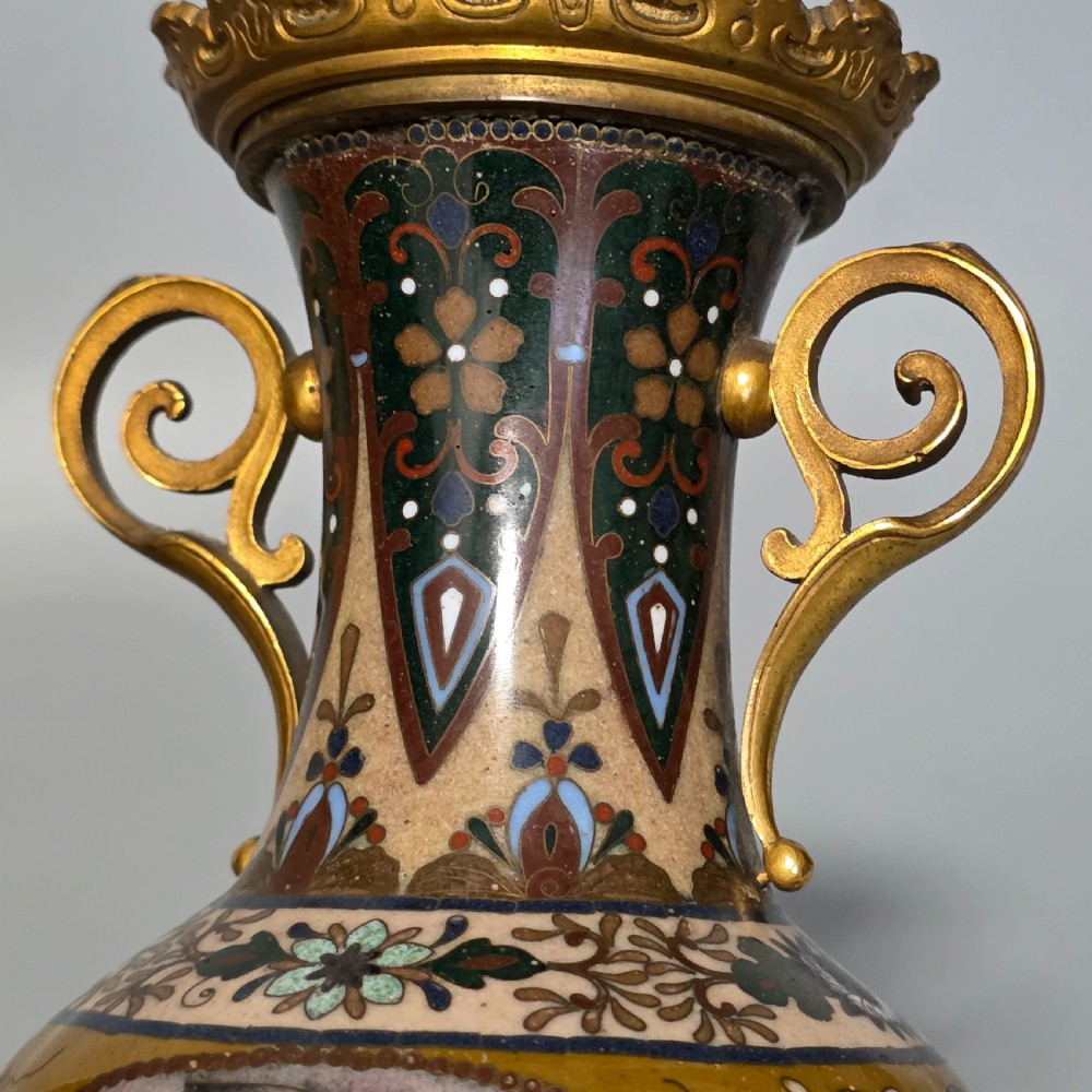 Attractive Late 19thc pair of Cloisonne Vases with Metal Mounts & Handles c1890 View XX