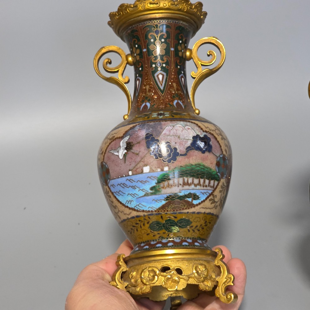 Attractive Late 19thc pair of Cloisonne Vases with Metal Mounts & Handles c1890 View XXVIII