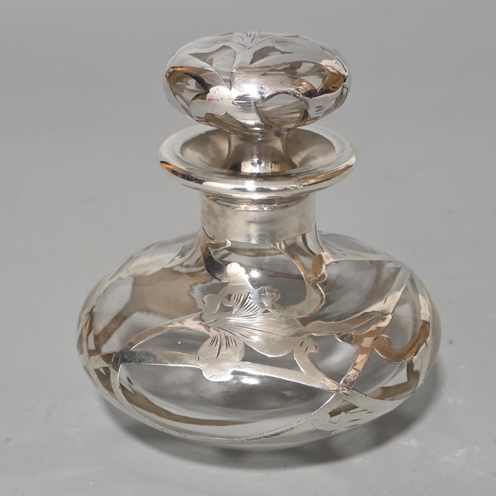 Art Nouveau Art Glass Scent Bottle, Alvin Sterling Silver Overlay c1910